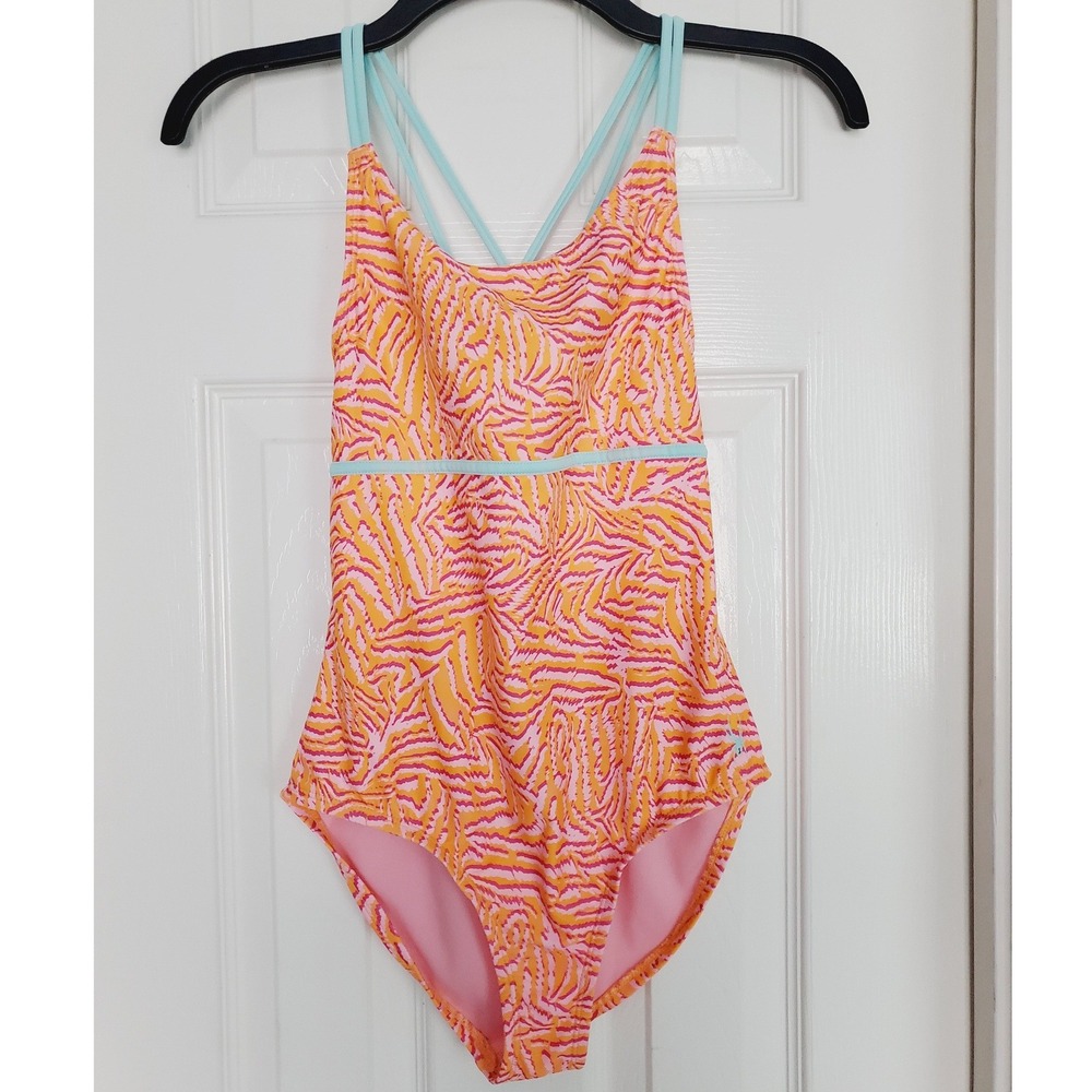 Spyder Girls One Piece Swimsuit Orange Pink Zebra Print Strappy Back Sz L 12/14
